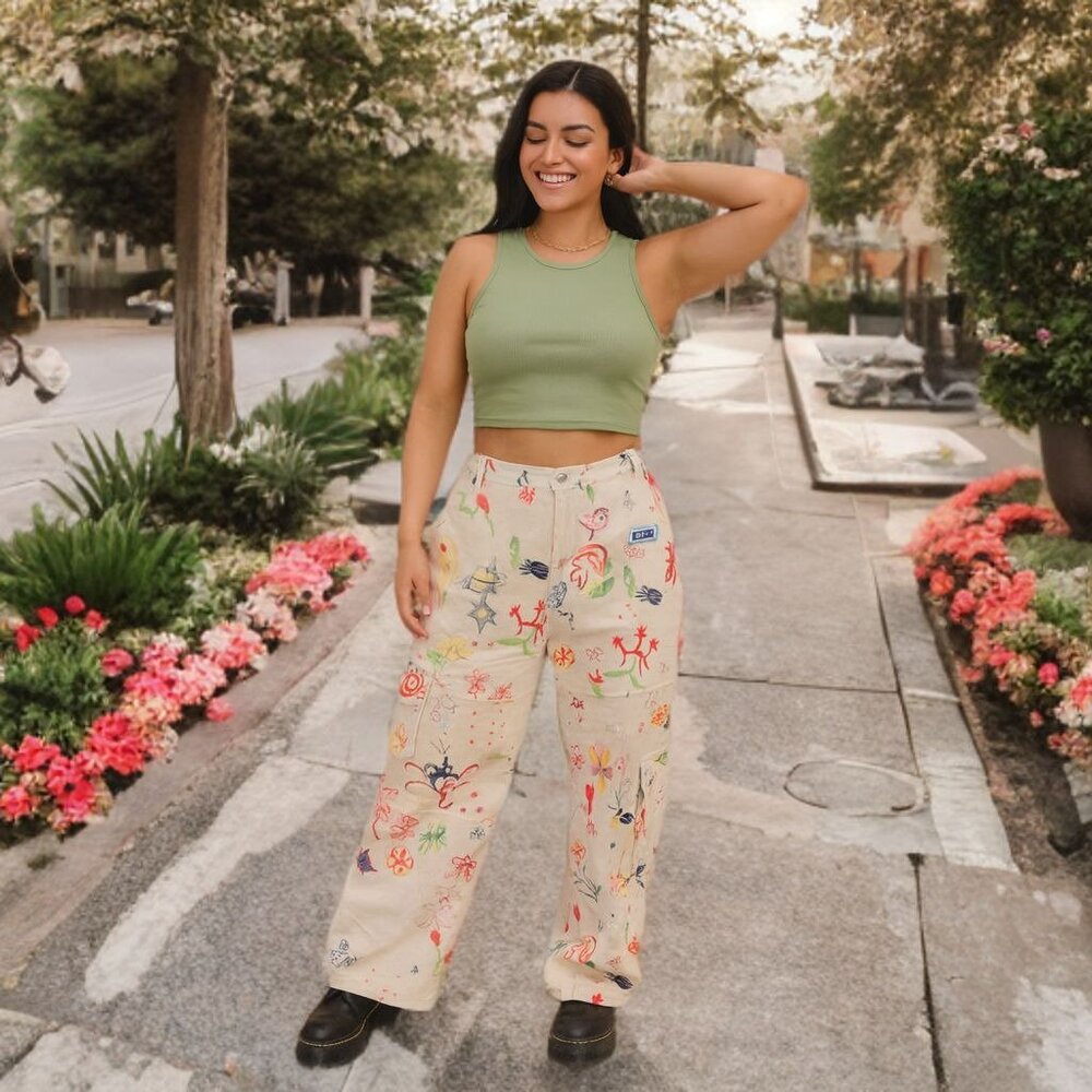 Kasheng 2YK High Rise Cargo Pants Graffiti Sharpie Draw Streetwear Wide Leg UNI